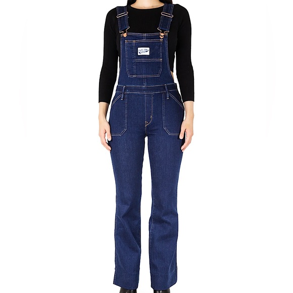 Porter Blue Apparel Bonnie Denim Overalls Bluebell Dark Wash Flare Leg Large 30 - Picture 1 of 13